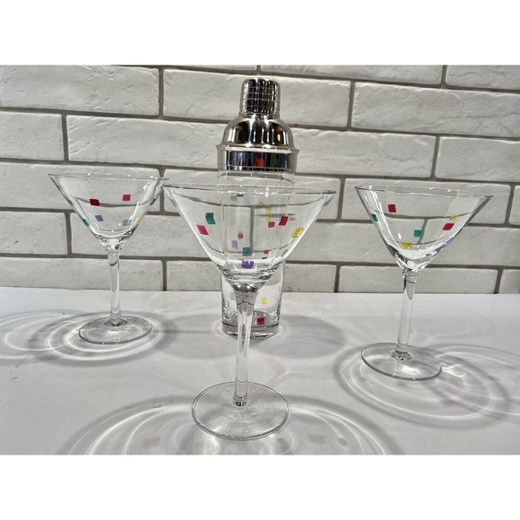 Art Deco Glass Martini glasses Confetti with Matching Shaker Qty 3 - Picture 2 of 12